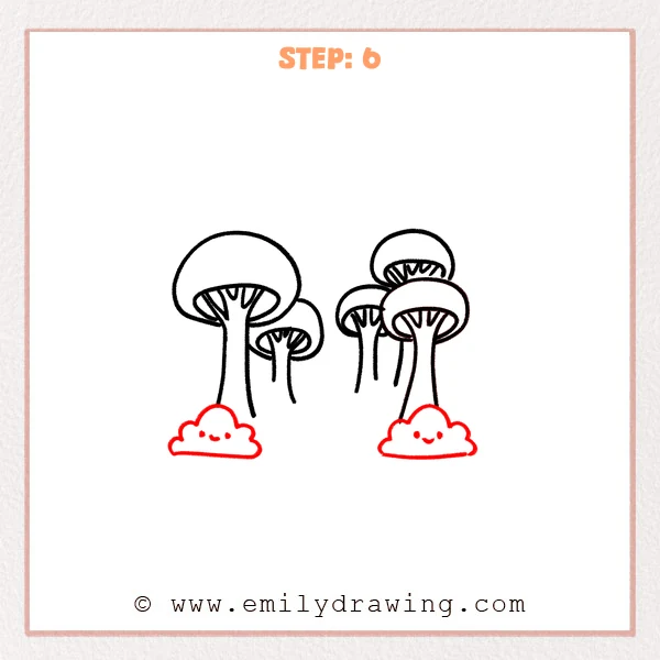 how to draw a cartoon forest - Step 6 of a cartoon forest drawing adds two cloud-shaped bushes on the ground, each with a simple cute face to decorate the scene.